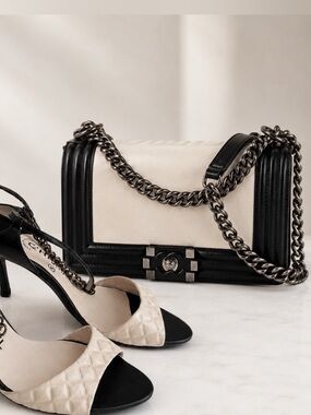 CHANEL Black and White Leather Chain Le Boy Bag
